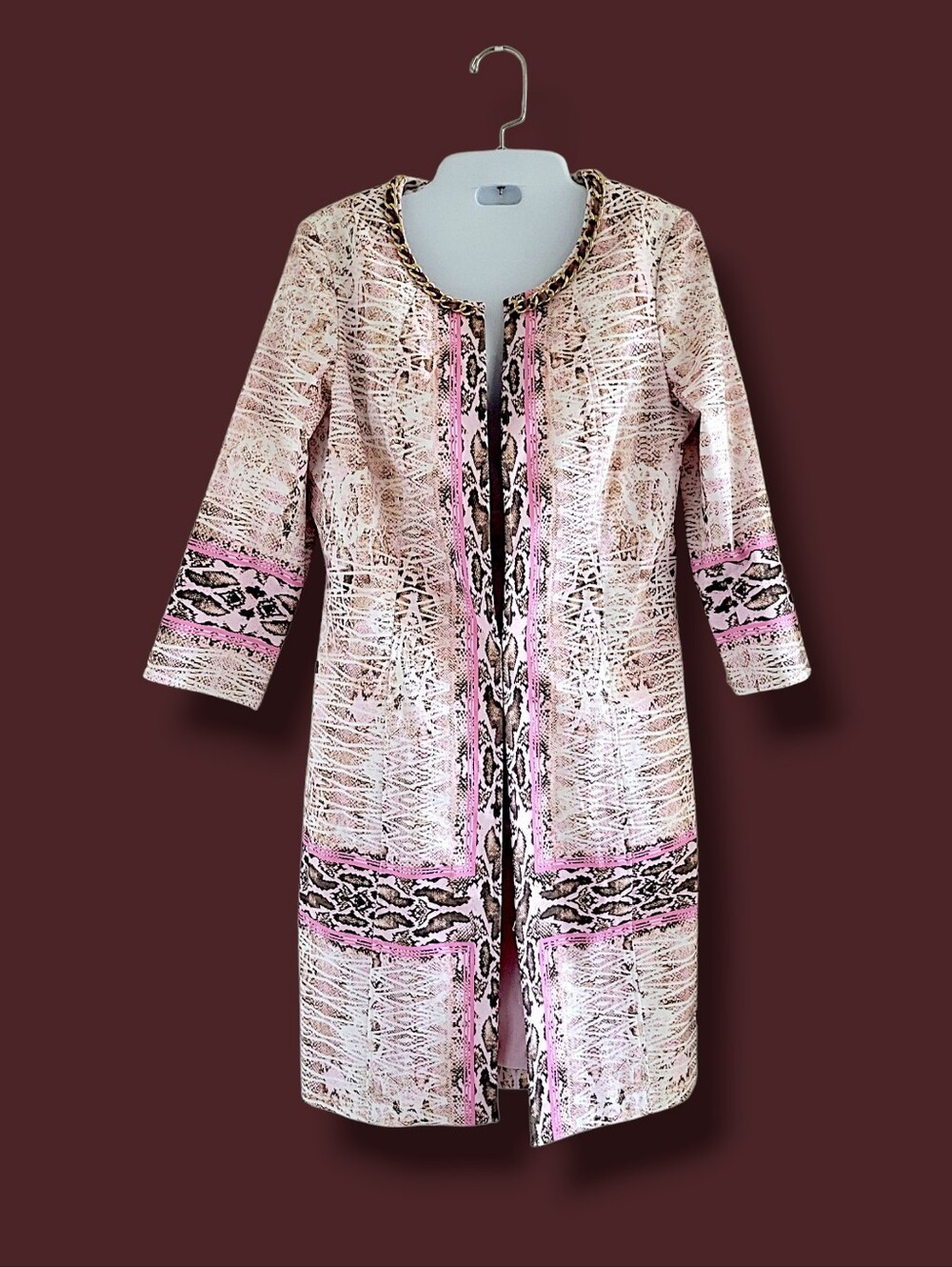 NWOT Etcetera Pink Lady Snake Print Chain Trim Coat Jacket Sz 4 $495